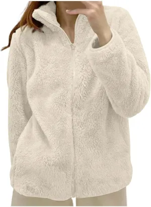 Women Winter Polar Fleece Jacket 2024 Sherpa Lined Plus Size Warm Cardigans Jackets Full Zip Stand Collar Fashion Outwear