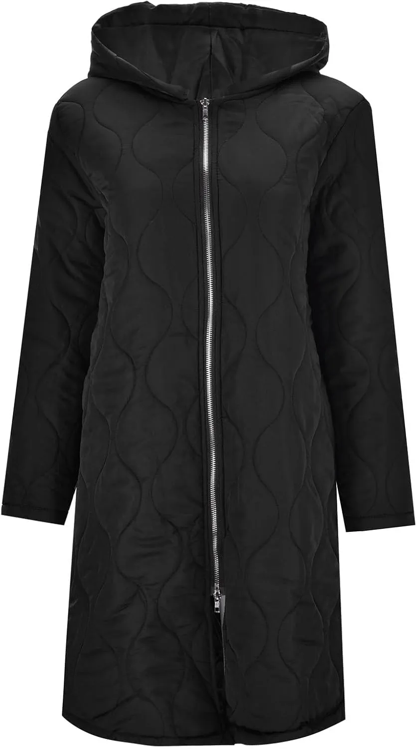 Womens Fashion Insulated Soft Fitted Long Puffer Coat Long Sleeve Hooded Zipper Down Coat Winter Work Outdoor Overcoat