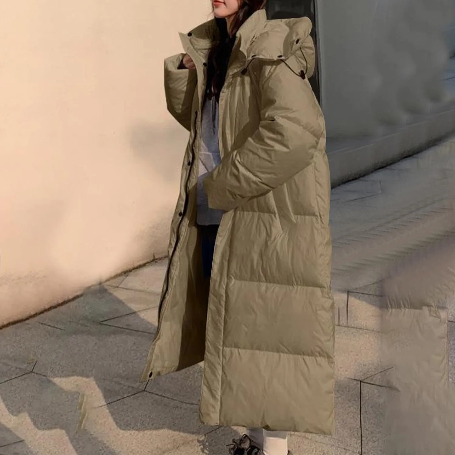 Womens Long Quilted Coat Hooded Maxi Length Long Sleeve Puffer Jacket Padded Down Coat Winter Outerwear With Pockets
