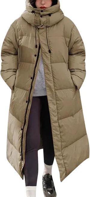 Womens Long Quilted Coat Hooded Maxi Length Long Sleeve Puffer Jacket Padded Down Coat Winter Outerwear With Pockets