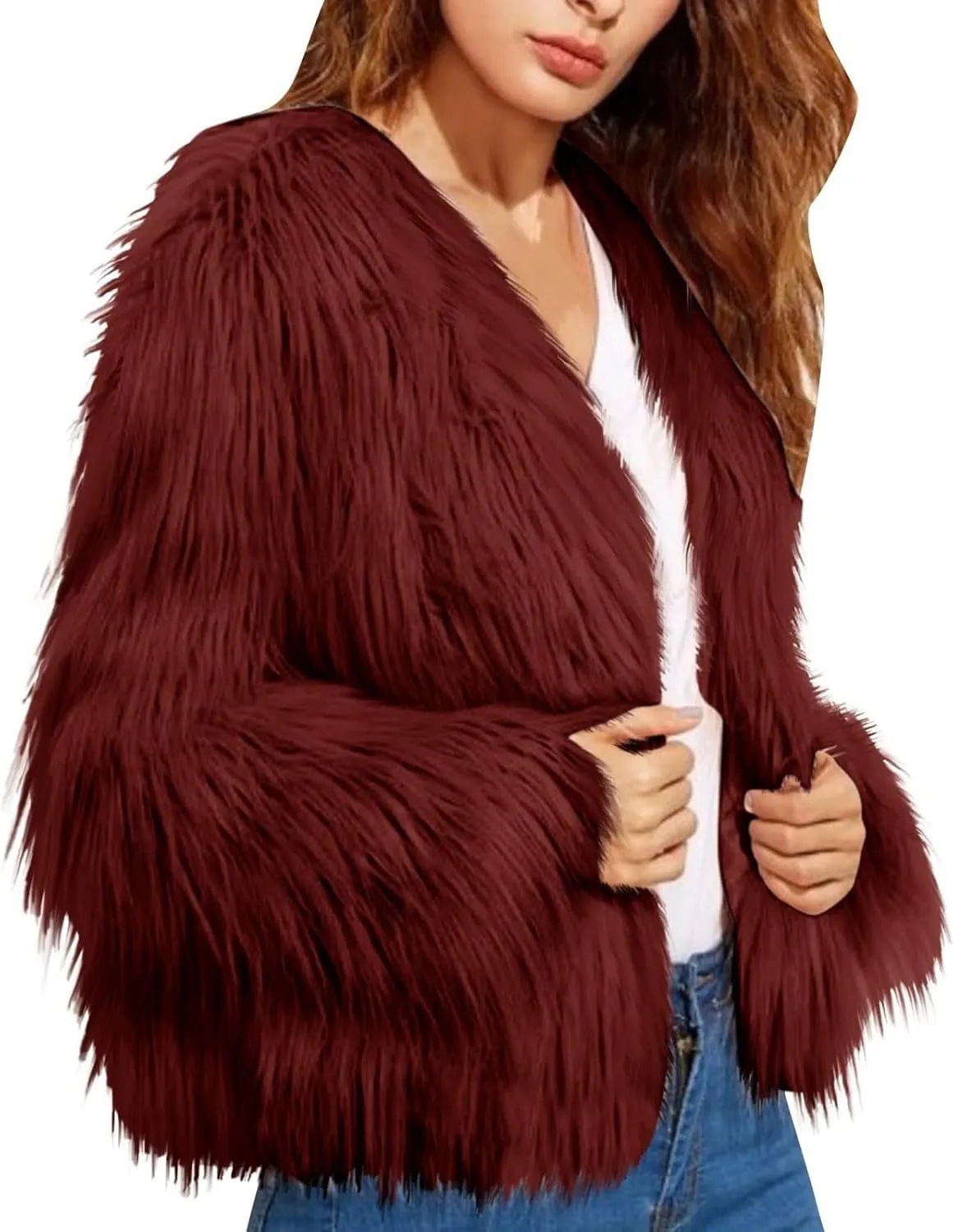 Womens Open Front Faux Fur Cardigan Winter Fashion Oversize Thermal Jackets Casual Long Sleeve Chunky Fuzzy Outwears