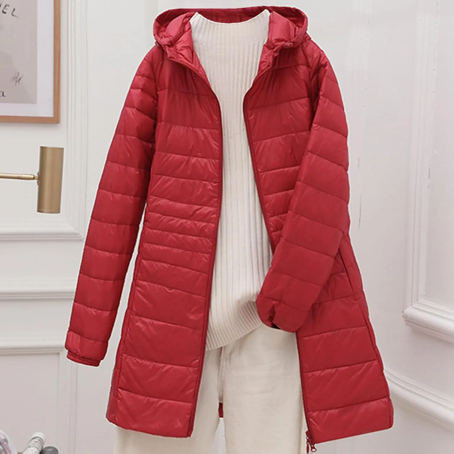 Womens Packable Puffer Jacket Winter Warm Lightweight Down Coat Zip Up Windproof Oversized Long Outerwear with Hood