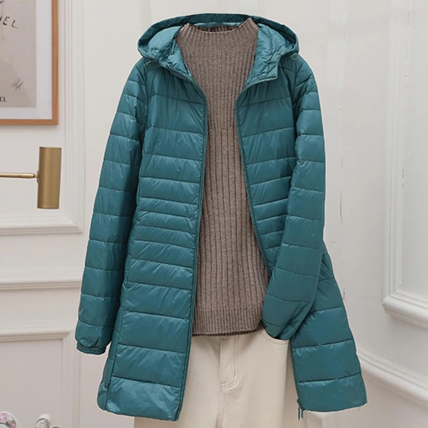 Womens Packable Puffer Jacket Winter Warm Lightweight Down Coat Zip Up Windproof Oversized Long Outerwear With Hood