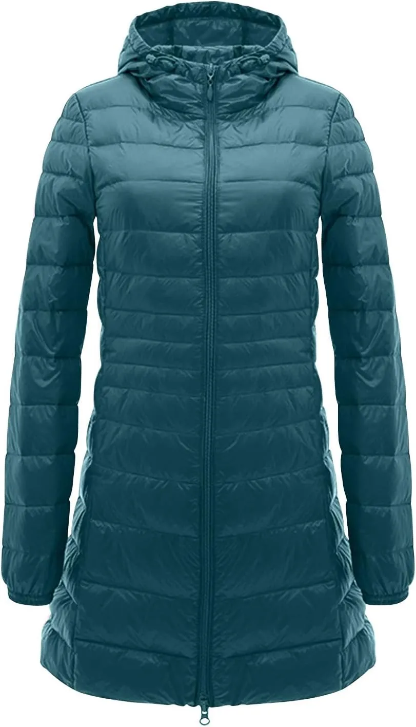 Womens Packable Puffer Jacket Winter Warm Lightweight Down Coat Zip Up Windproof Oversized Long Outerwear With Hood