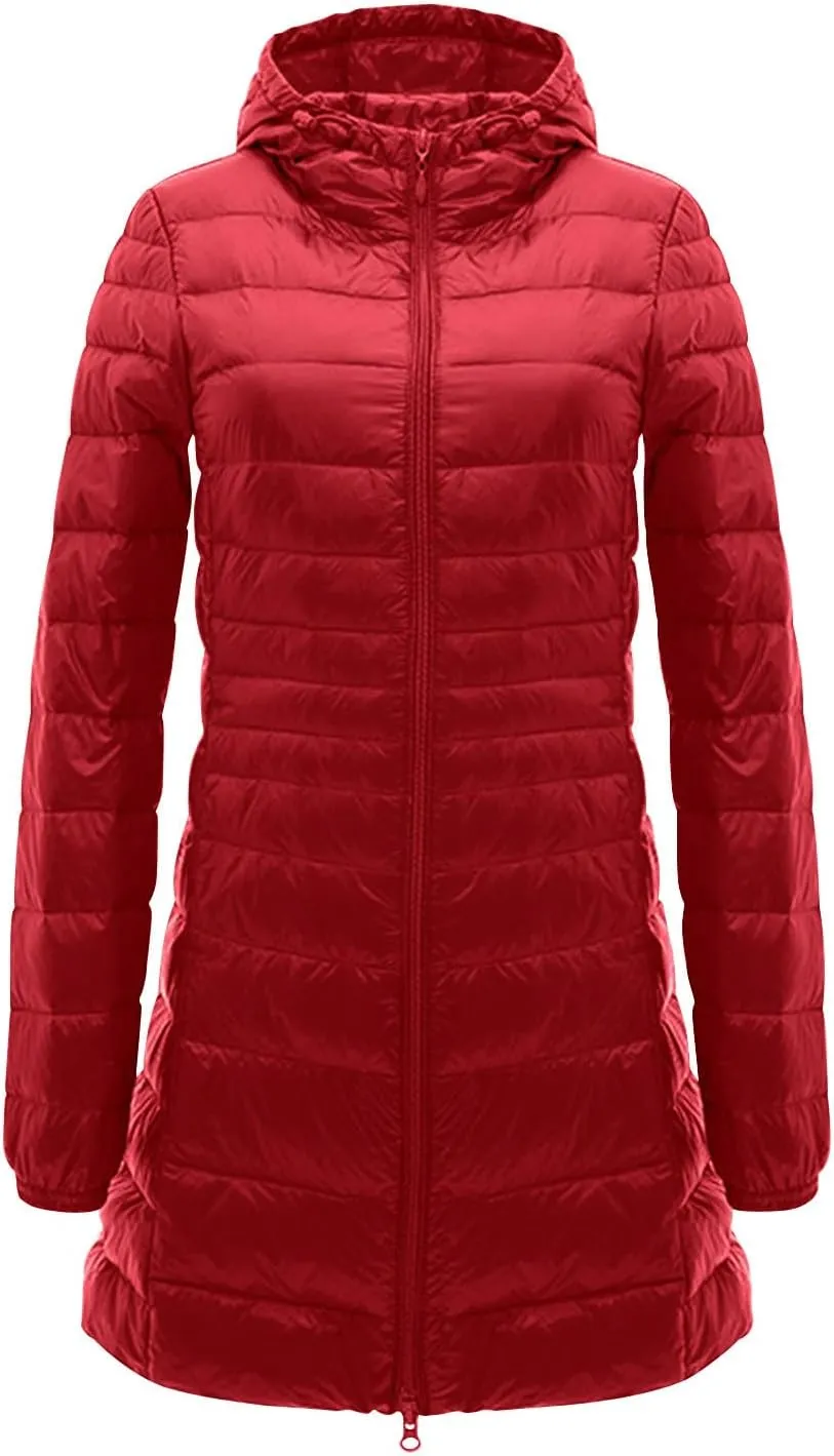 Womens Packable Puffer Jacket Winter Warm Lightweight Down Coat Zip Up Windproof Oversized Long Outerwear with Hood