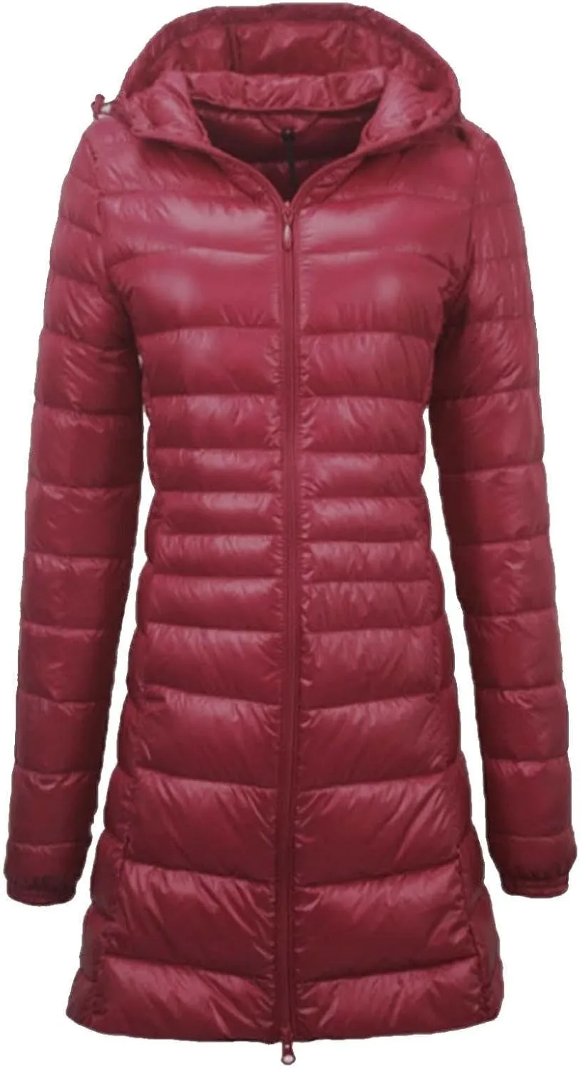 Women's Warm Winter Glossy Down Jacket Ultralight Long Down Outerwear Puffer Jacket Hooded Coat Thicken Padded with Hood