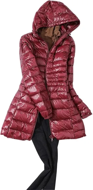 Women's Warm Winter Glossy Down Jacket Ultralight Long Down Outerwear Puffer Jacket Hooded Coat Thicken Padded with Hood